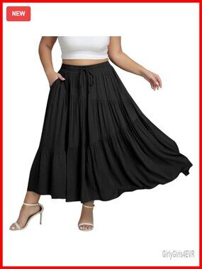 Plus Size Tiered Maxi Skirt High Waisted A-Line Flowy with Pockets